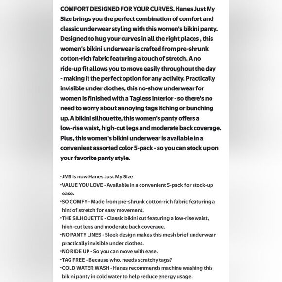 Hanes Just My Size Women's Bikini Underwear, 5-Pack Size 10/2X - Picture 9 of 9